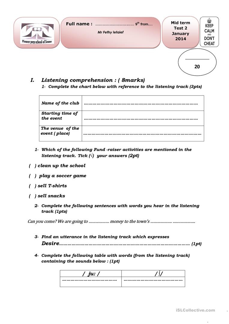 Mid Term Test Nb 2 9Th Grade Level Tunisia Worksheet - Free Esl - 9Th Grade English Worksheets Free Printable