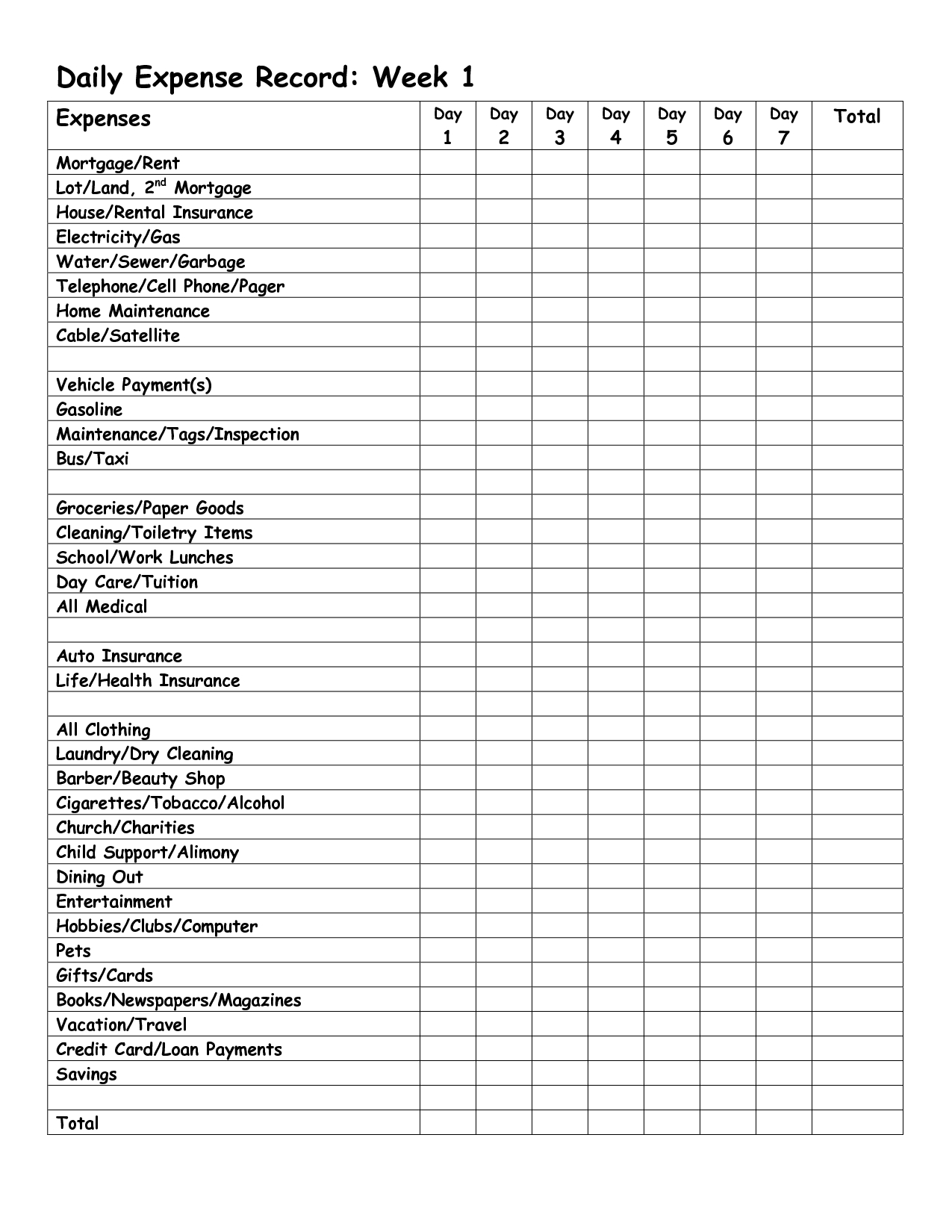 Monthly Expense Report Template | Daily Expense Record Week 1 - Free Printable Monthly Expense Sheet