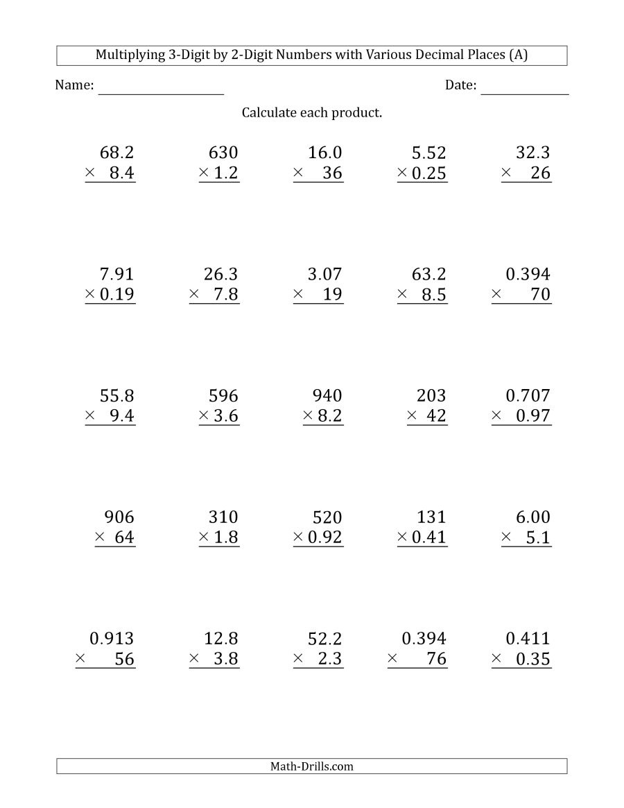 Multiplying 3-Digit2-Digit Numbers With Various Decimal Places (A) - Free Printable Multiplying Decimals Worksheets