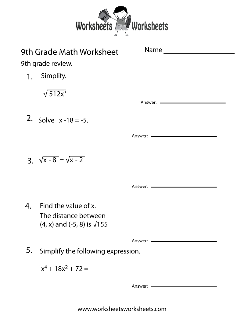 Free Printable 9th Grade Math Worksheets With Answer Key