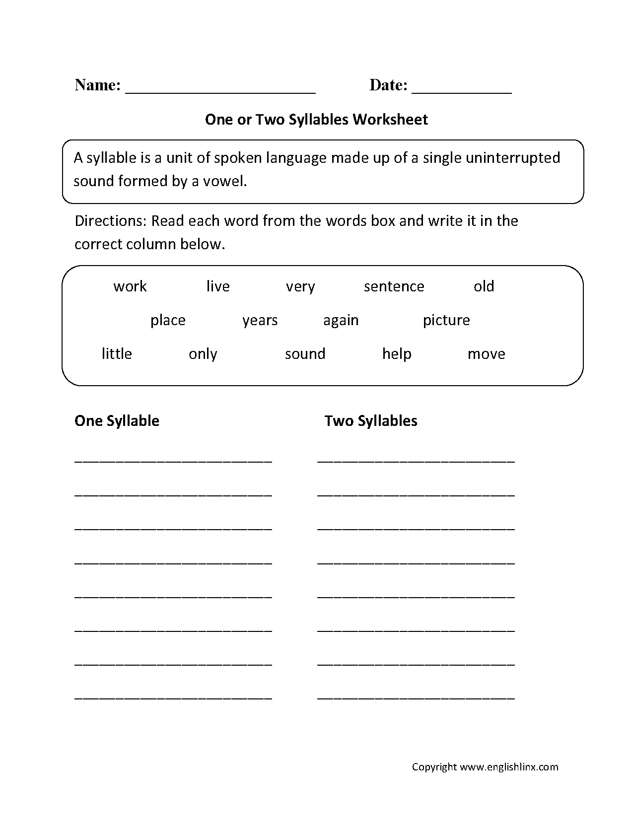 One Or Two Syllables Worksheet | 1 | Syllable, Worksheets, Phonics - Free Printable Open And Closed Syllable Worksheets