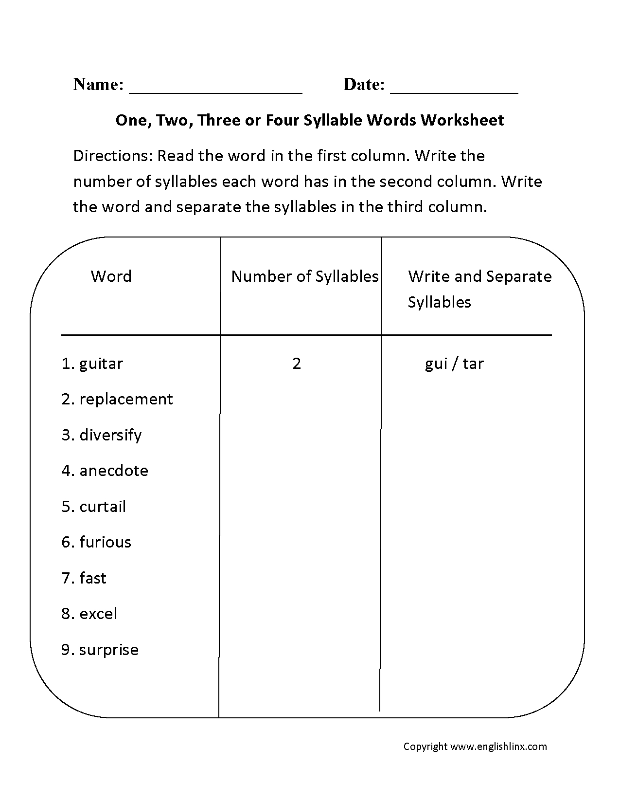 syllables worksheets kindergarten