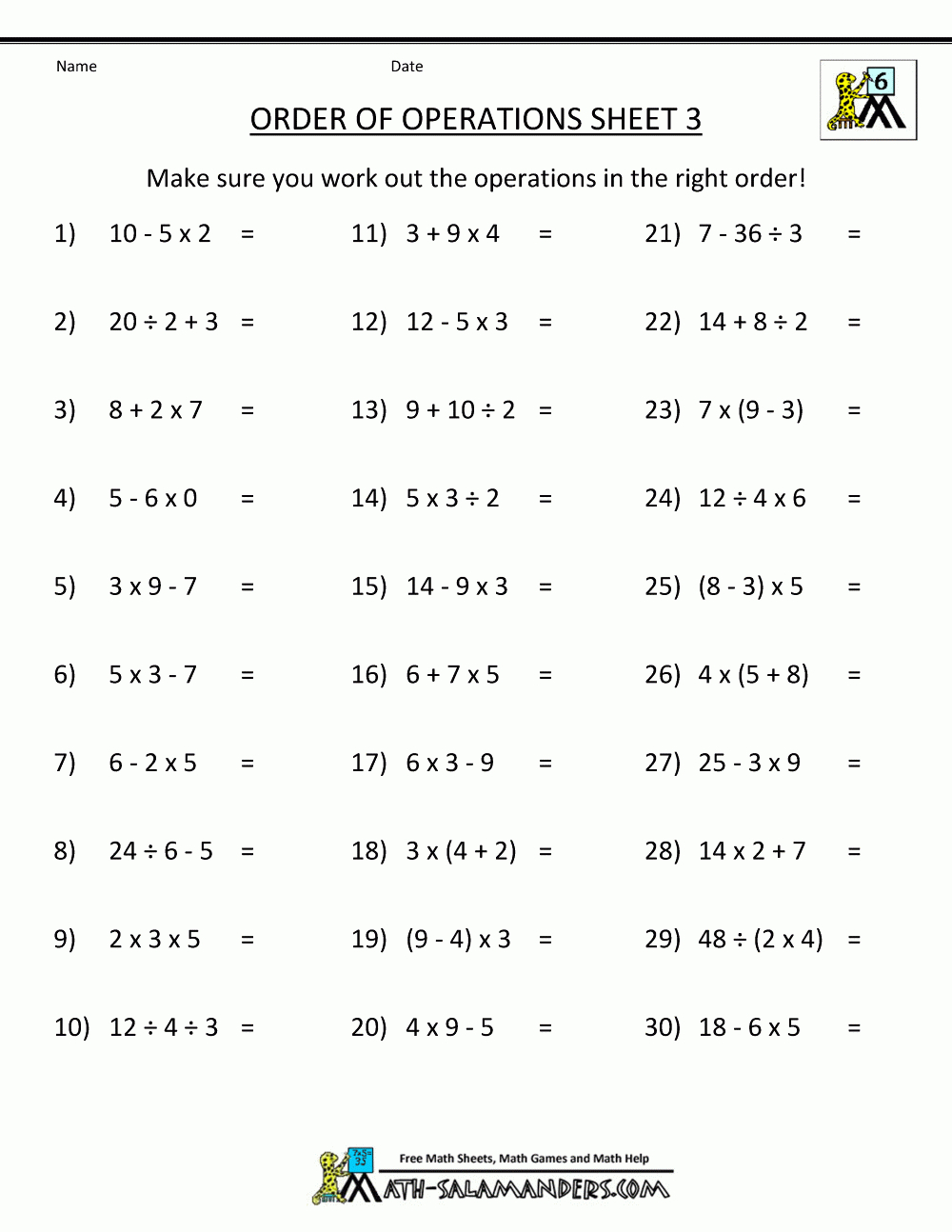 Pemdas Worksheets Order Of Operations 3 | Math 1 | Math - Free Printable Math Worksheets 6Th Grade Order Operations