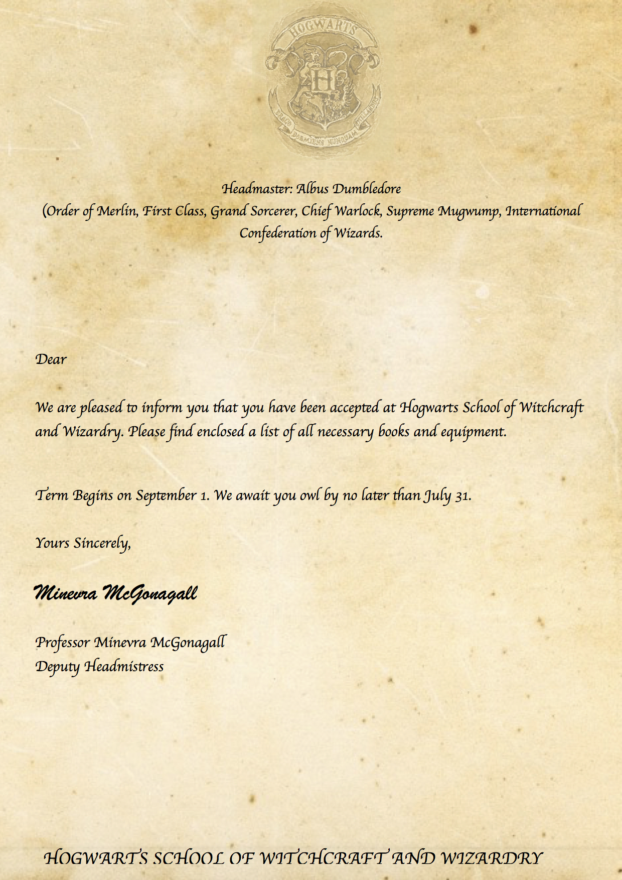 Hogwarts Acceptance Letter Template Free Printable Free Printable A To Z