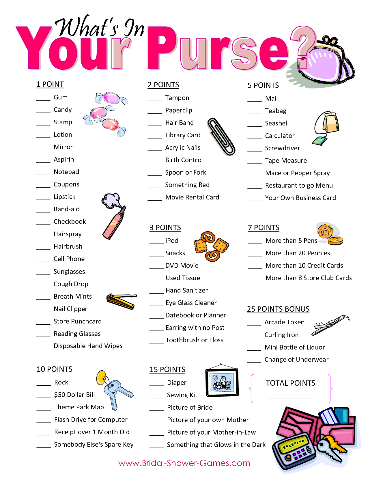 Popular Wedding Shower Games For Free | Business Ideas | Bridal - Free Printable Bridal Shower Games What&amp;#039;s In Your Purse