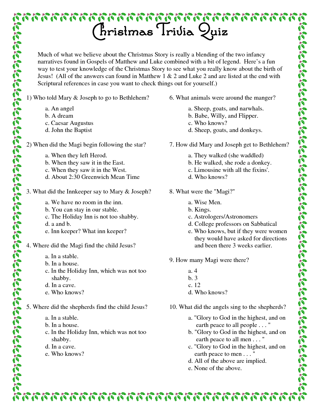 Christmas Trivia Questions And Answers Printable