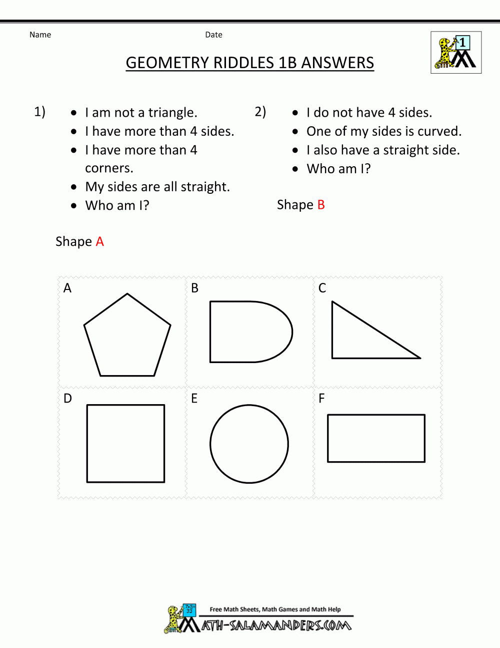Printable Geometry Worksheets - Riddles - Free Printable Geometry Worksheets For Middle School