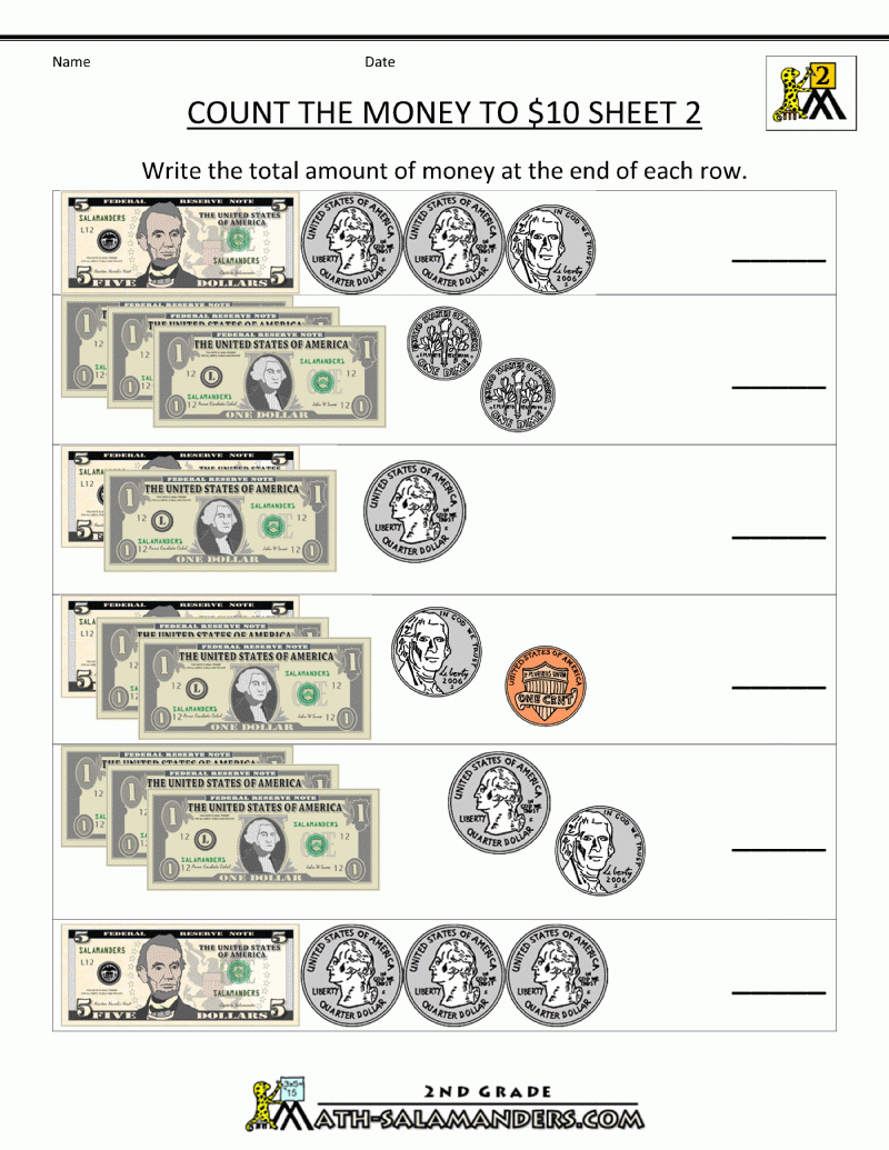 Printable Money Worksheets To $10 - Free Printable Money