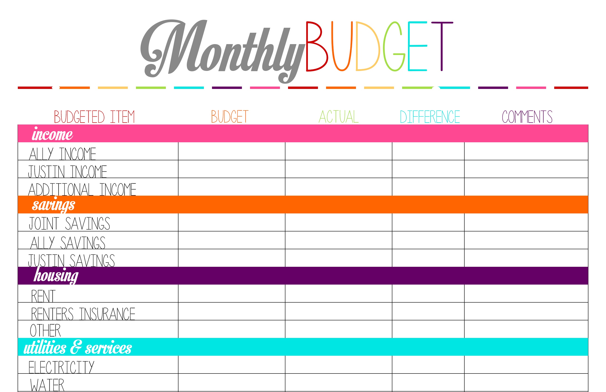 Free Printable Budget Forms Free Printable A to Z