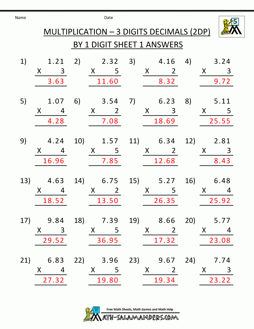 Printable Multiplication Sheet 5Th Grade - Multiplying Decimals Free Printable Worksheets