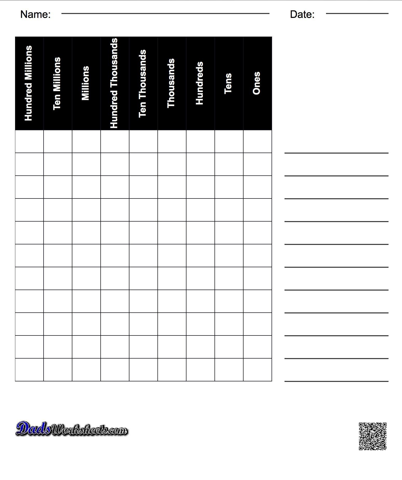 Printable Place Value Chart In Basic Black And White Grid | Math - Free Printable Place Value Chart