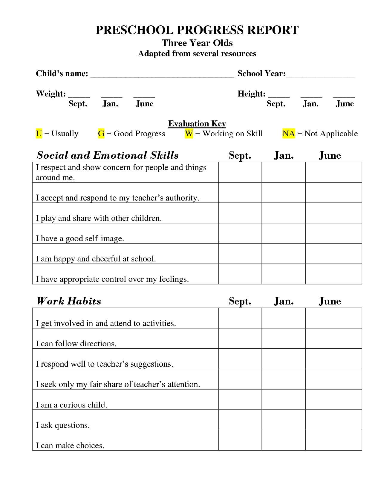 Printable Preschool Progress Report Template | Kg | Preschool Daily - Free Printable Grade Cards