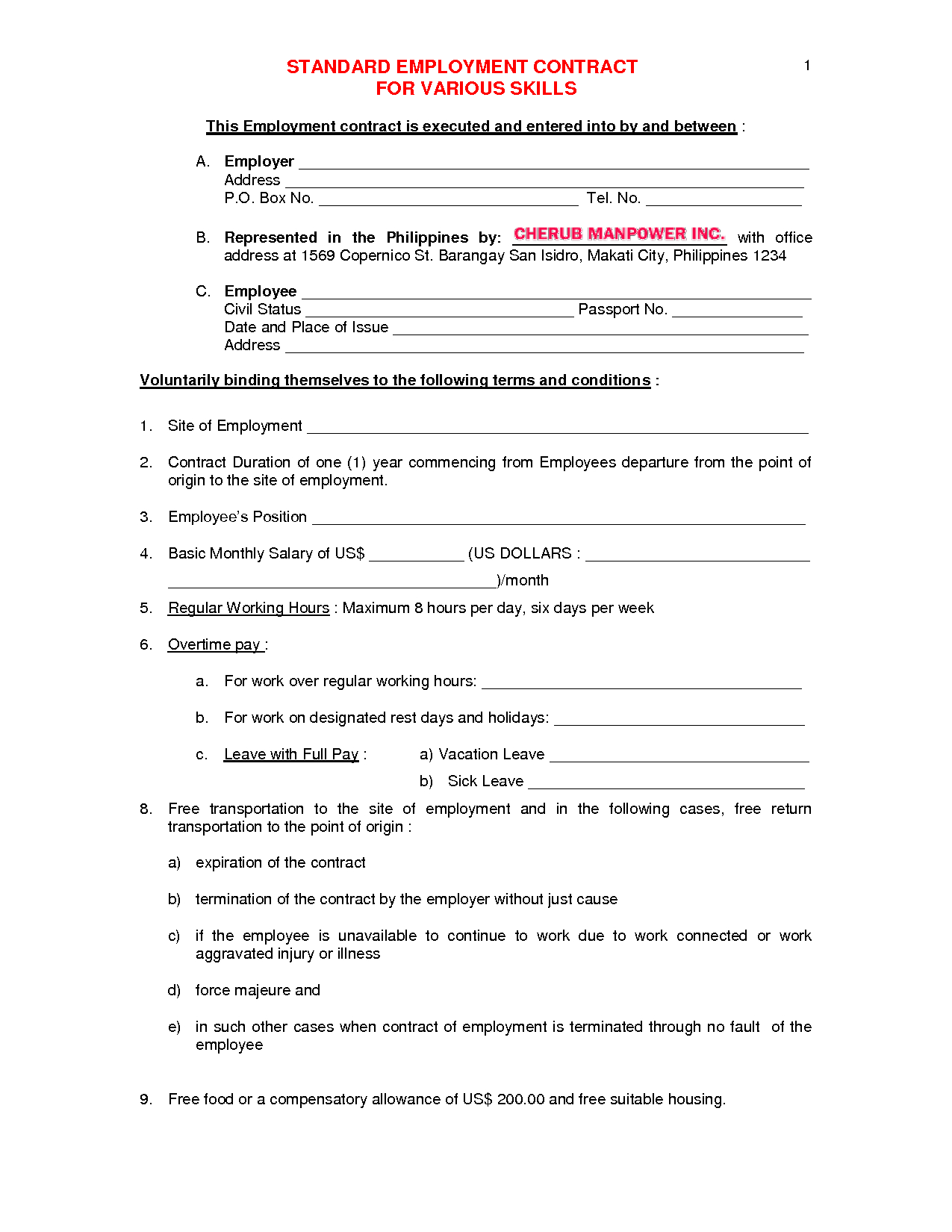Printable Sample Employment Contract Sample Form | Laywers Template - Free Printable Legal Documents Forms