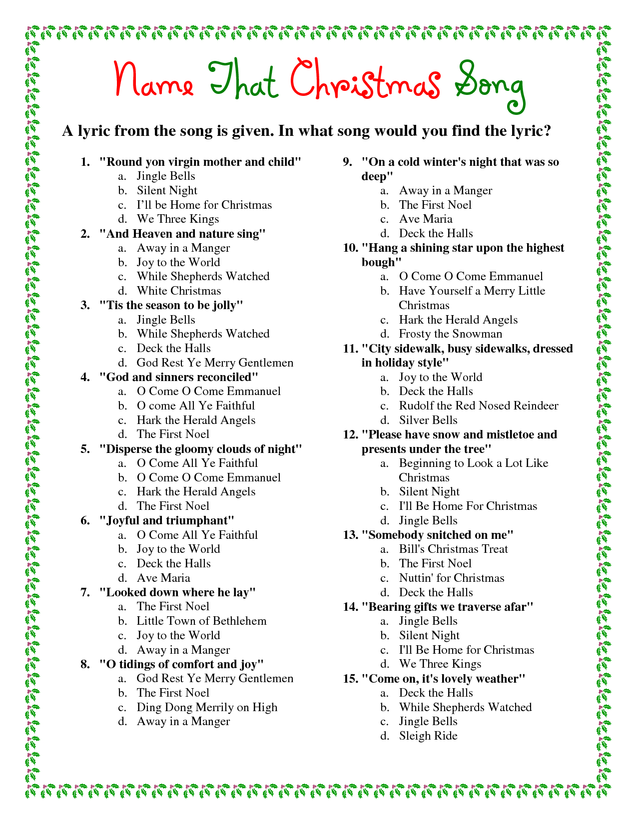 Finish The Christmas Song Lyrics Game Printable Printable Word Searches