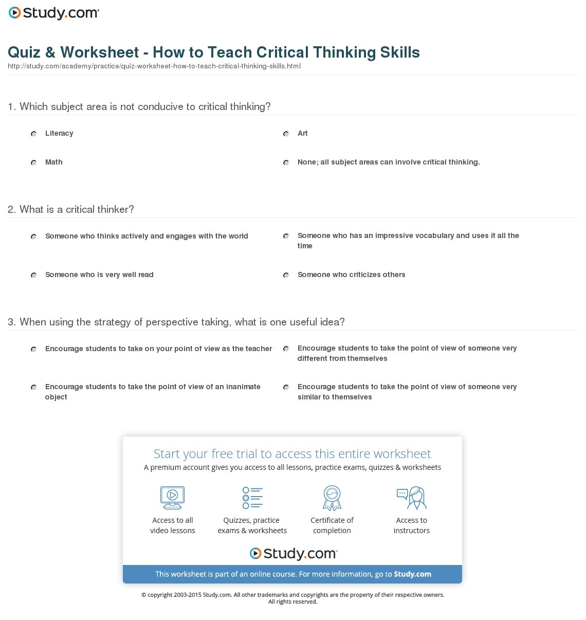 Quiz &amp;amp; Worksheet - How To Teach Critical Thinking Skills | Study - Free Library Skills Printable Worksheets