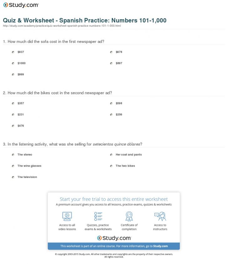 Quiz And Worksheet Spanish Practice Numbers 101 1000 Study Free