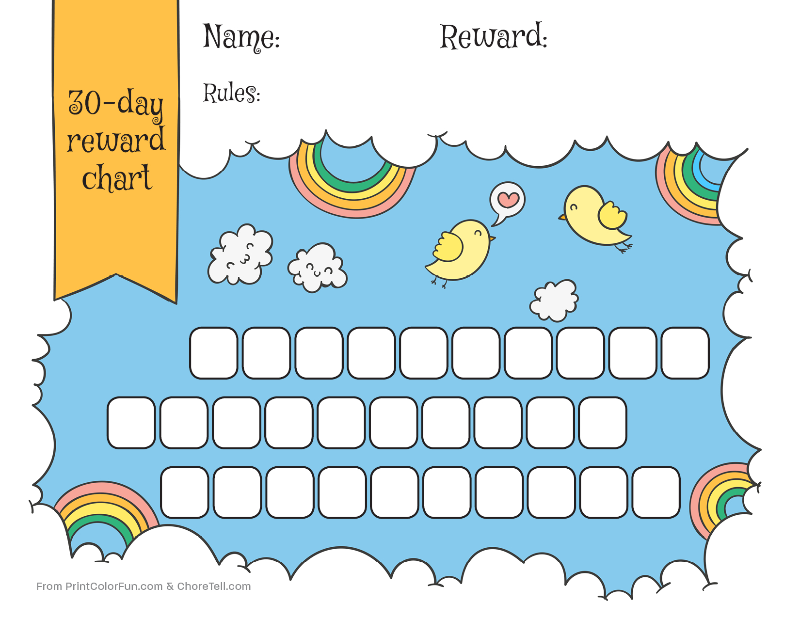 Rainbow &amp;amp; Sky 30-Day Reward Chart For Kids - Free Printable - Reward Charts For Toddlers Free Printable