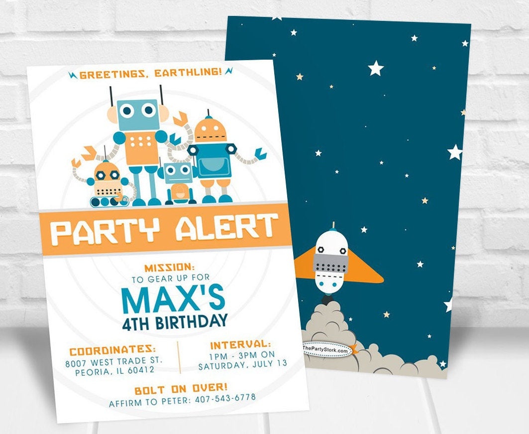 Robot Party Invitations Printable Boys Robot And Rockets | Etsy - Free Stork Party Invitations Printable