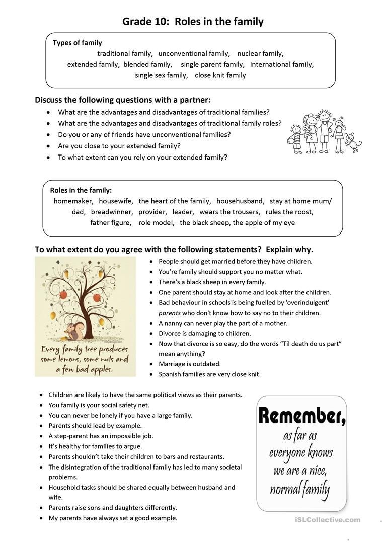 Roles In The Family: Idioms And Conversation Worksheet - Free Esl - Free Printable English Conversation Worksheets