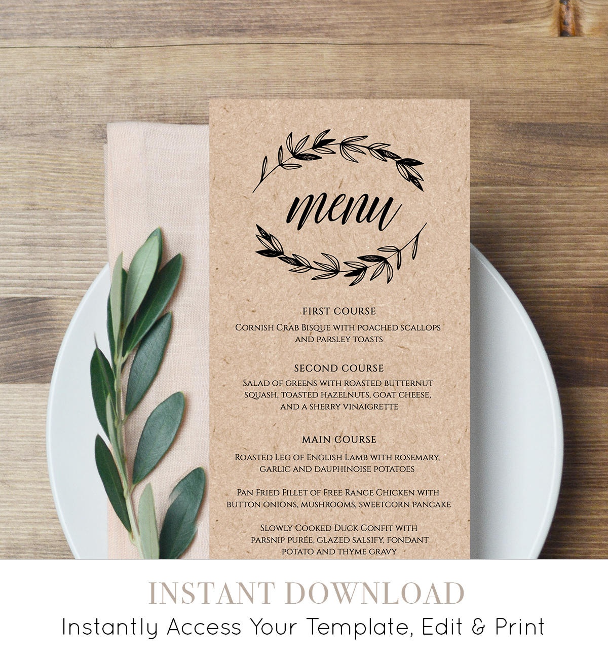 Rustic Wedding Menu Template, Printable Menu Card, Editable - Free Printable Menu Templates