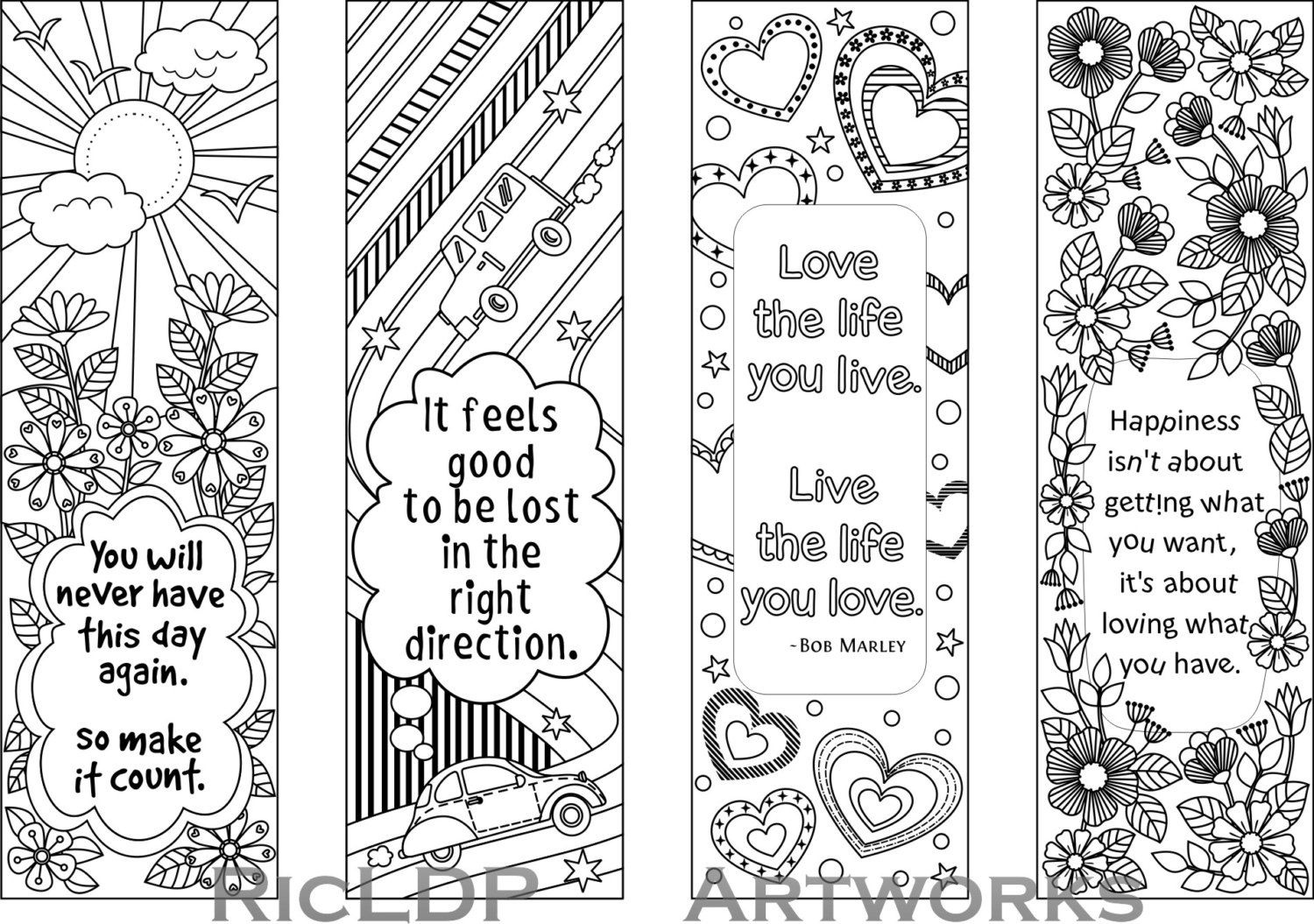 Set Of 4 Coloring Bookmarks With Quotes, Bookmark Templates With - Free Printable Spring Bookmarks