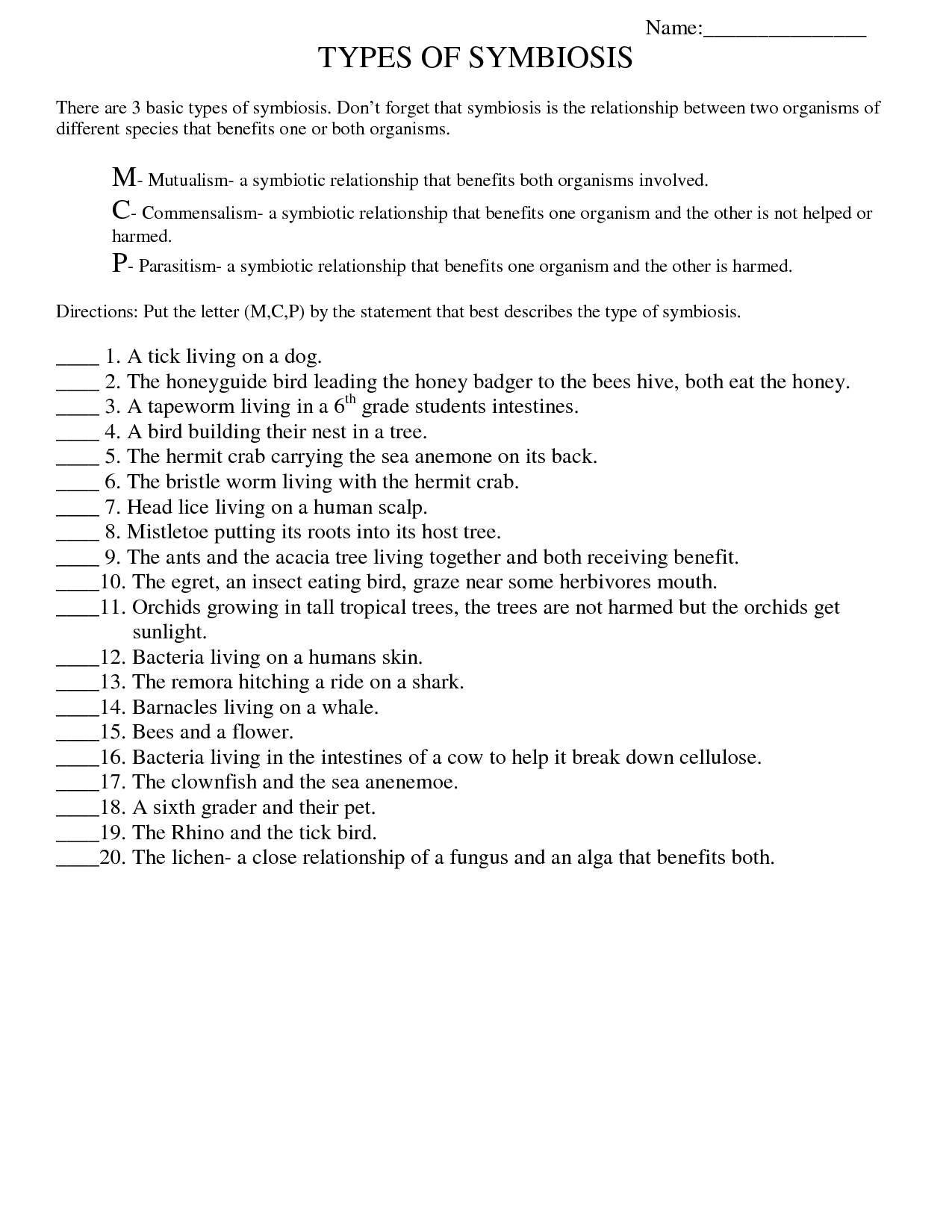 Symbiosis Worksheet: Free Printable Worksheets On High School Bio - Free Printable High School Worksheets