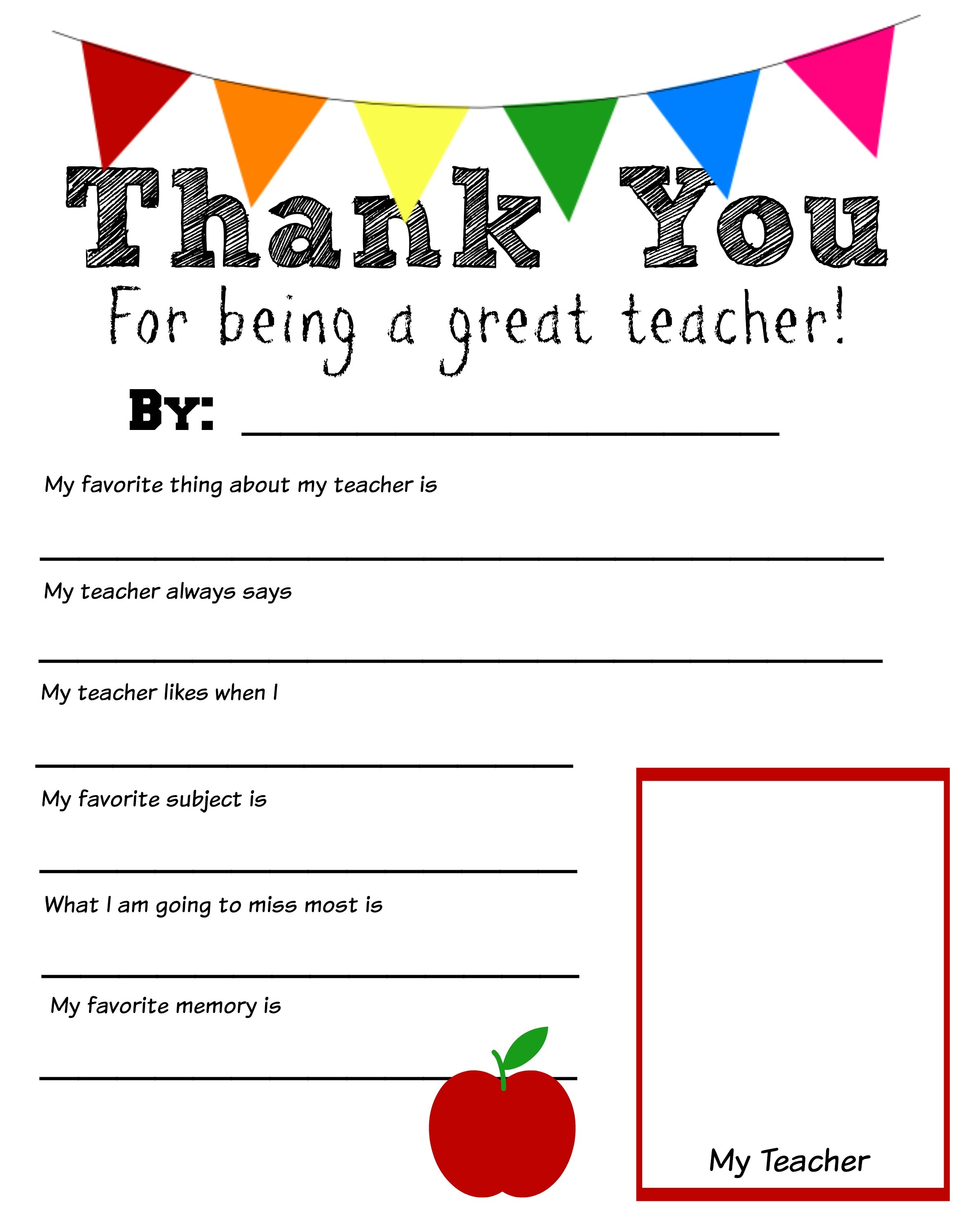 Thank You Teacher Free Printable - All About My Teacher Free Printable