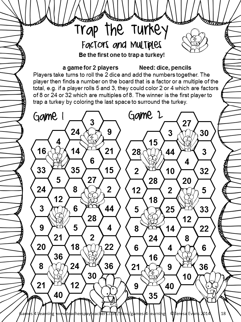Thanksgiving Math Games Fourth Grade: Fun Thanksgiving Activities - Math Worksheets Thanksgiving Free Printable