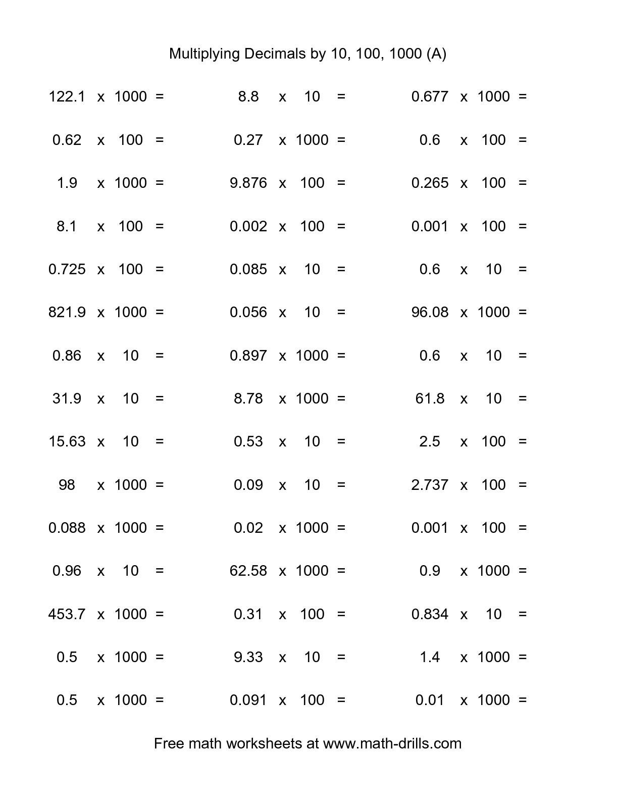 The Decimal × 10, 100, Or 1000 (Horizontal; 45 Per Page) (A) Math - Free Printable Multiplying Decimals Worksheets