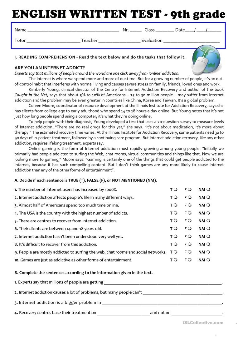 9th Grade English Worksheets Printable Free