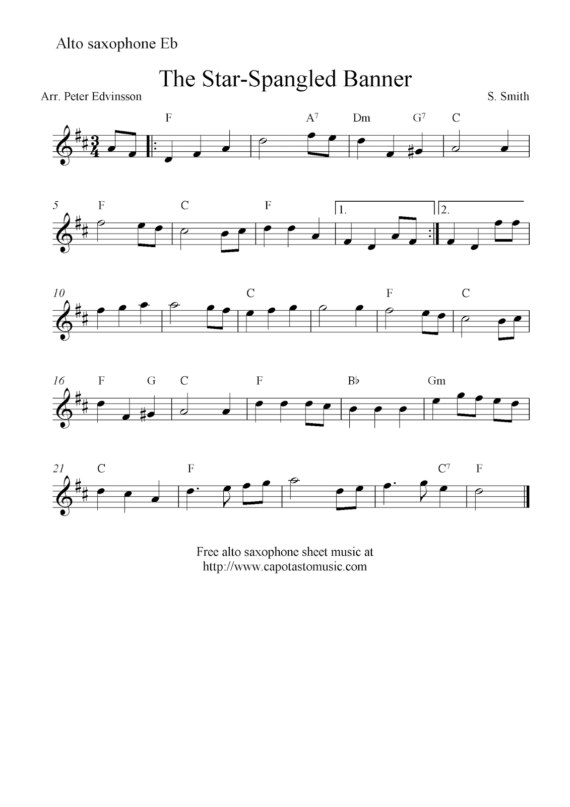 The Star-Spangled Banner, Free Alto Saxophone Sheet Music Notes - Free Printable Piano Sheet Music For The Star Spangled Banner