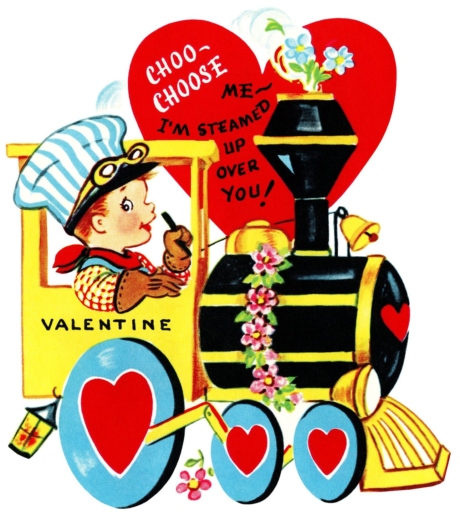 Train Valentine, Vintage Valentine Clip Art, Boy Engineer Driving - Free Printable Vintage Valentine Clip Art