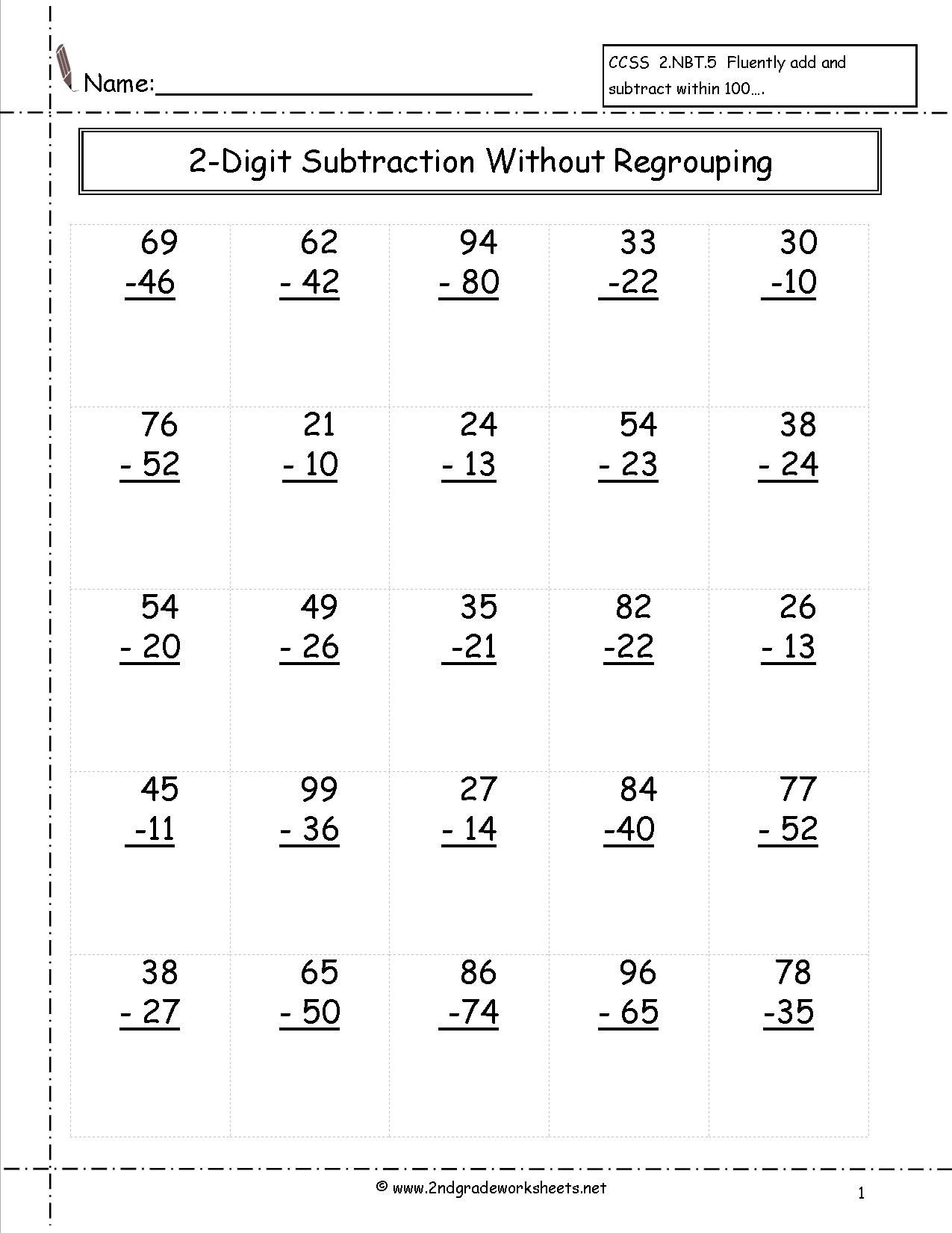 Two Digit Subtraction Without Regrouping Worksheet | 2Nd Grade - Free Printable Double Digit Addition And Subtraction Worksheets