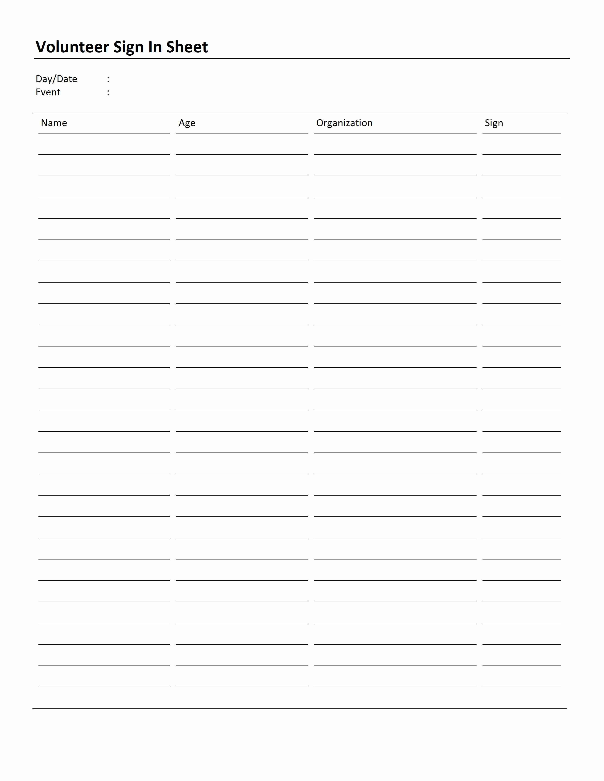 Volunteer Sign In Sheet - Free Printable Volunteer Forms