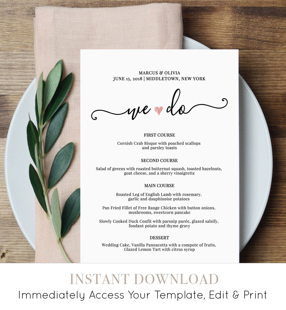 Wedding Menu Card Template, We Do, Printable Dinner Menu, Heart - Free Printable Wedding Menu Card Templates