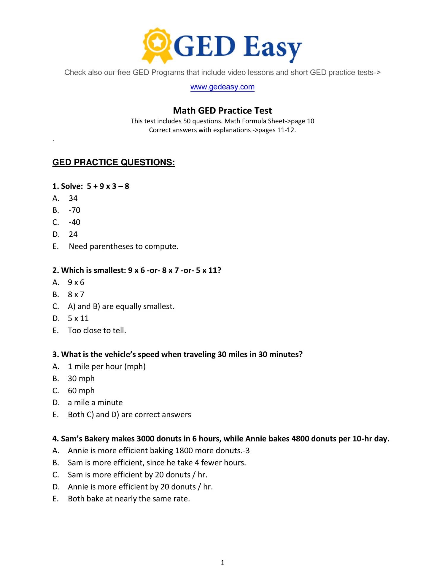 Ged Math Printable Practice Test