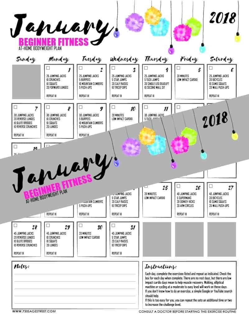 Workout Calendar - Beginner Monthly Workout Plan January 2018 - Free Printable Workout Plans