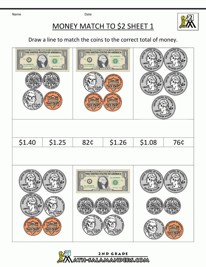 2Nd Grade Money Worksheets Up To $2 - Free Printable Money Activities