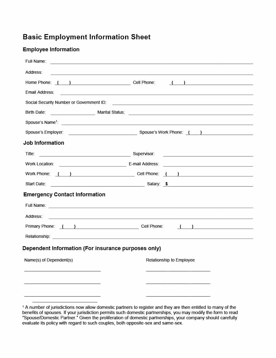 47 Printable Employee Information Forms (Personnel Information Sheets) - Free Printable Hr Forms