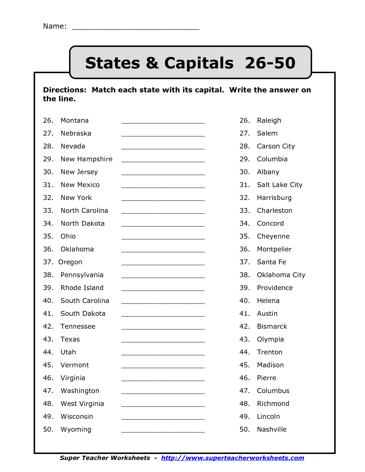 50 States Capitals List Printable | Back To School | States - Free Printable States And Capitals Worksheets
