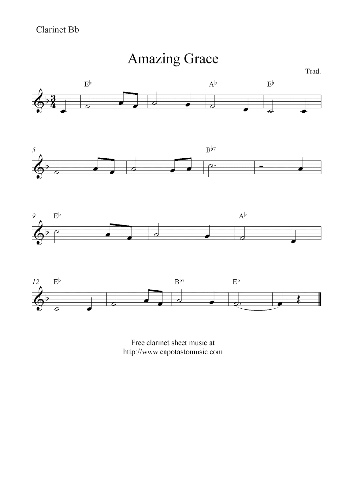 Amazing Grace, Free Clarinet Sheet Music Notes - Free Sheet Music For Clarinet Printable