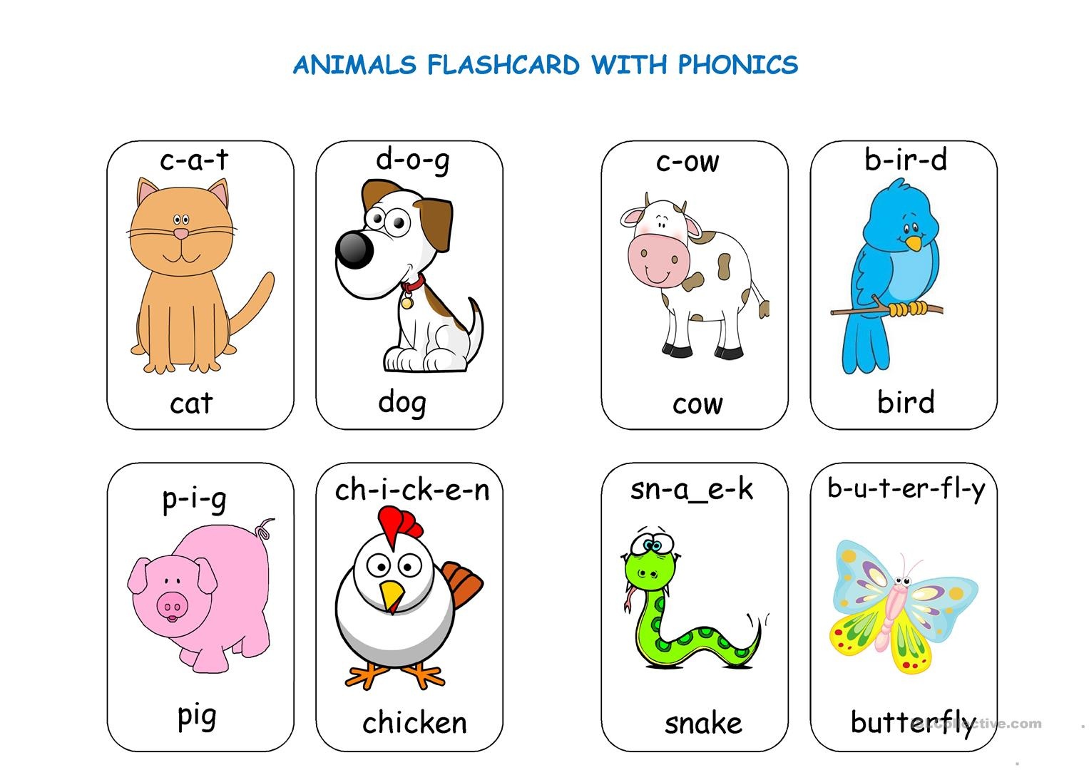 Animal Flashcards With Phonics Worksheet - Free Esl Printable - Free Printable Animal Cards