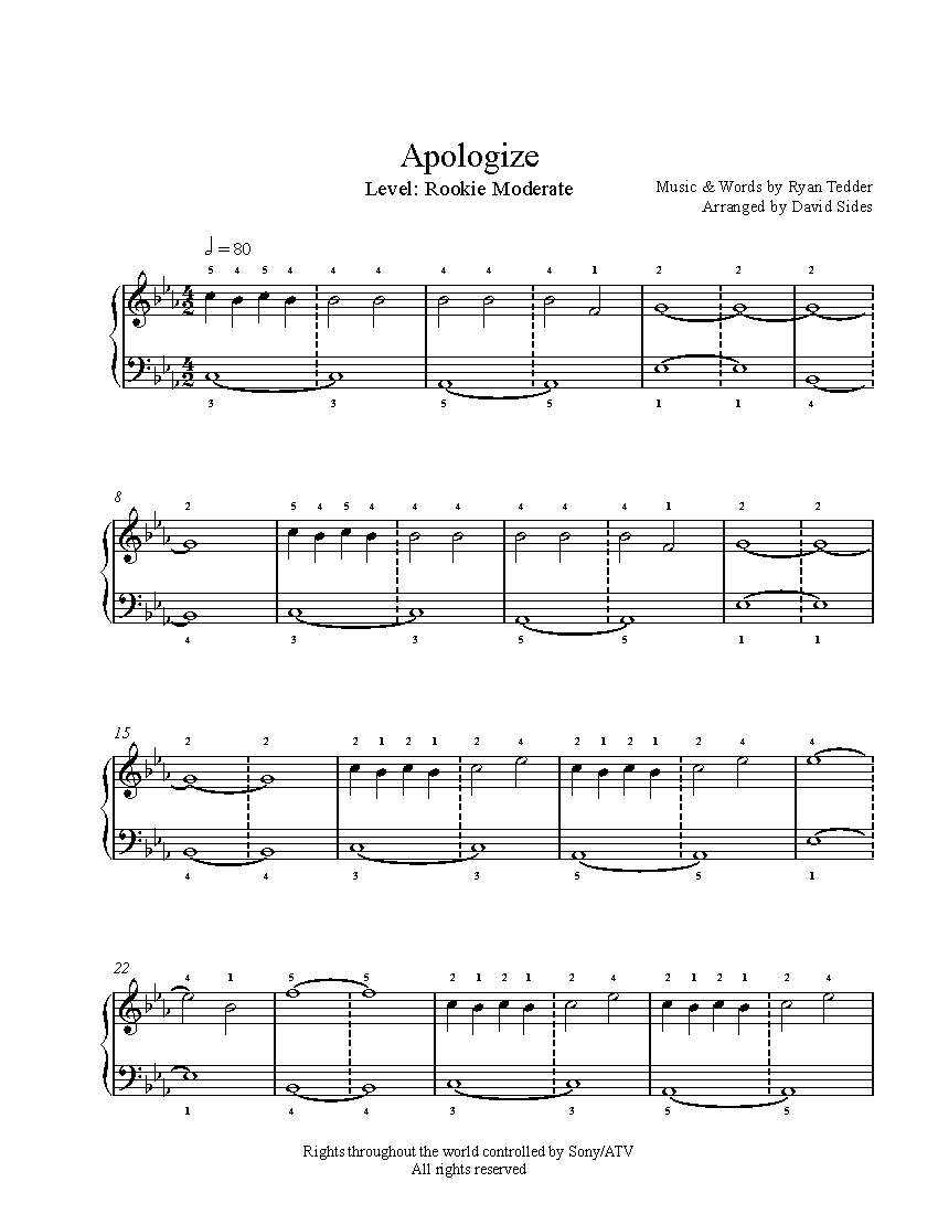 Apologizeone Republic Piano Sheet Music | Rookie Level - Apologize Piano Sheet Music Free Printable