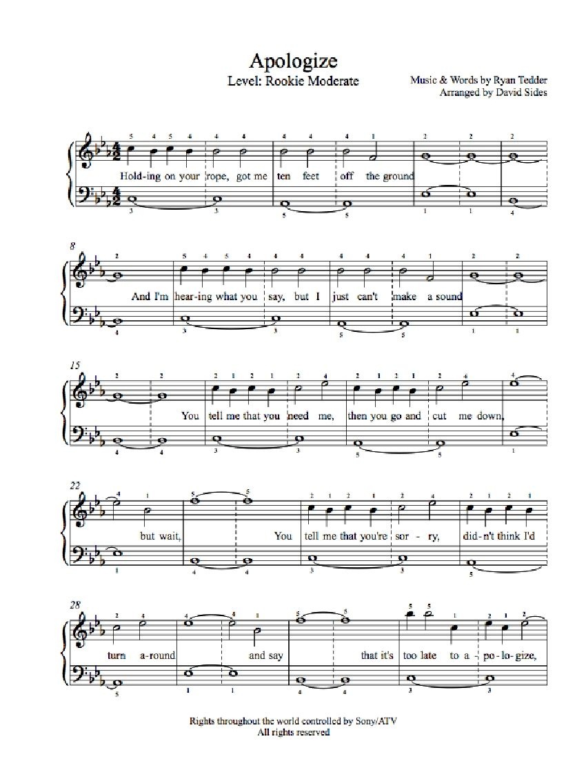 Apologizeone Republic Piano Sheet Music | Rookie Level - Apologize Piano Sheet Music Free Printable