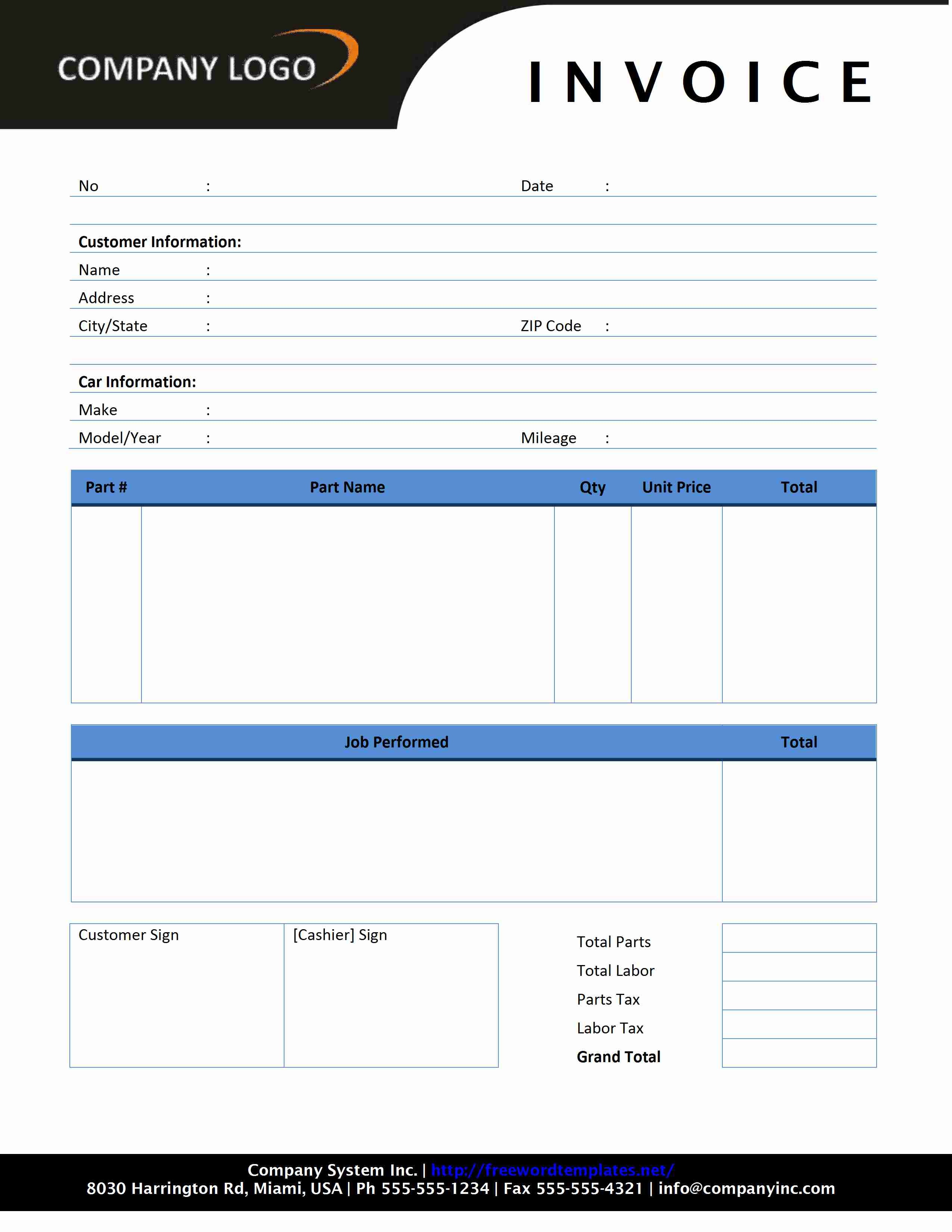 Auto Repair Invoice - Free Printable Auto Repair Invoice Template