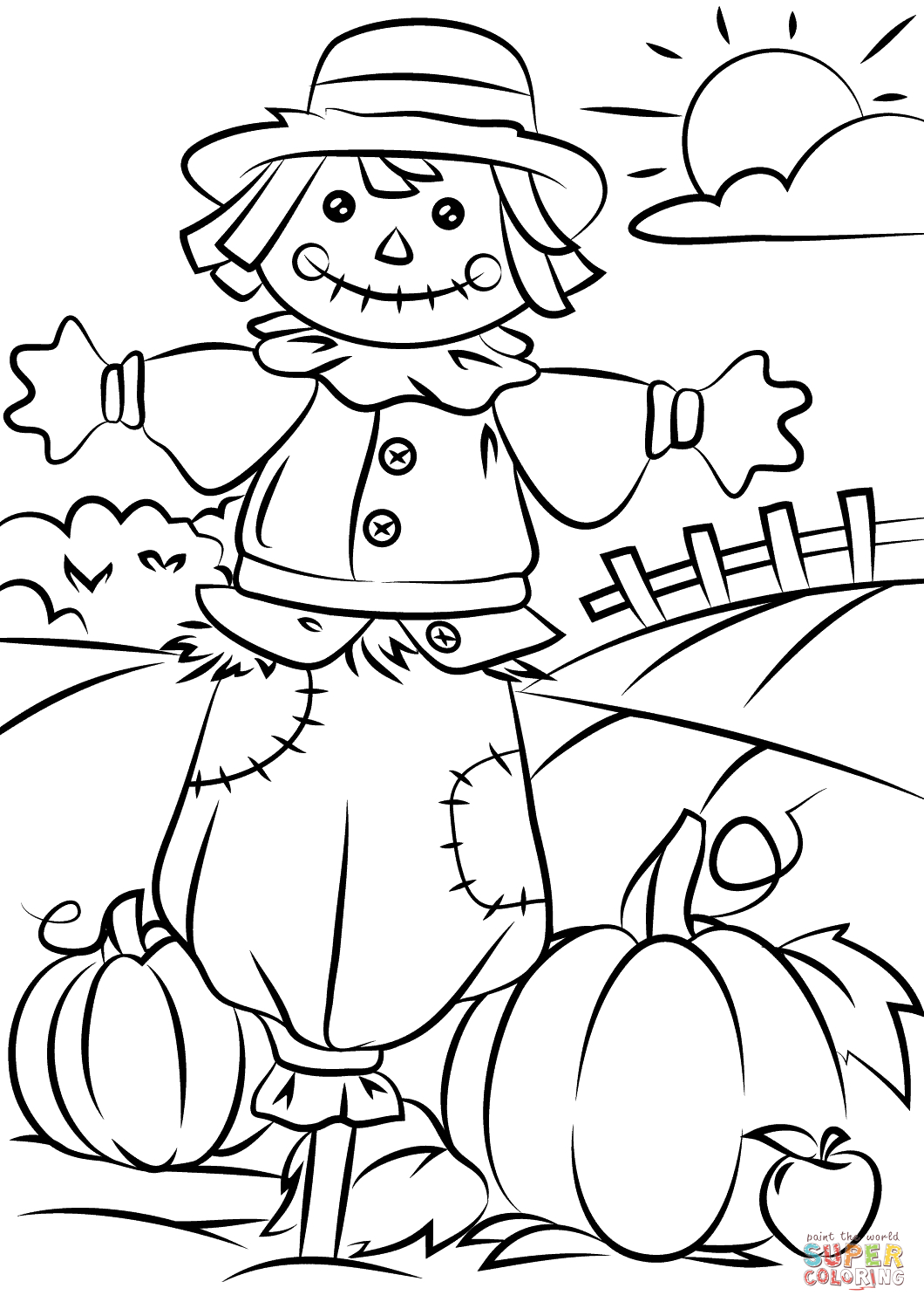 Autumn Scene With Scarecrow Coloring Page | Free Printable Coloring - Free Fall Printable Coloring Sheets
