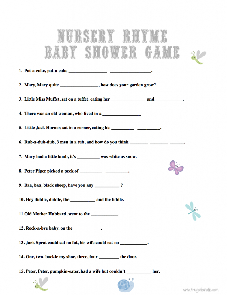 Baby Shower Games: Nursery Rhyme - Frugal Fanatic - Free Printable Baby Shower Games With Answers