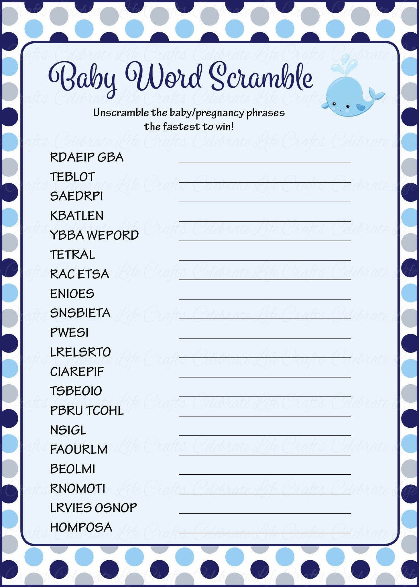 Baby Word Scramble - Printable Download - Navy Gray Whale Baby - Free Printable Baby Shower Word Scramble