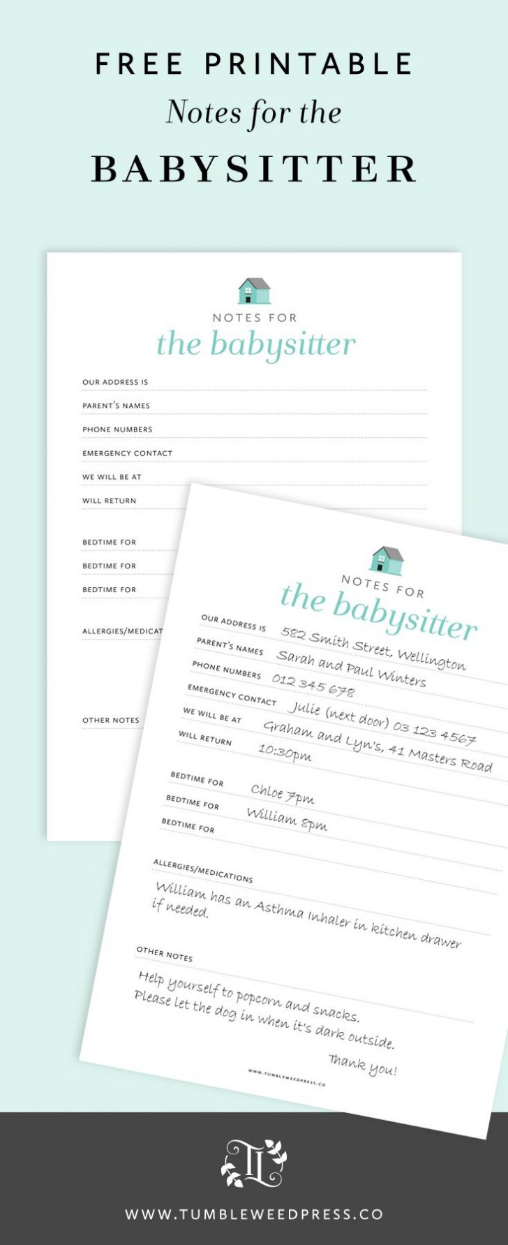 Babysitter Notes Free Printable