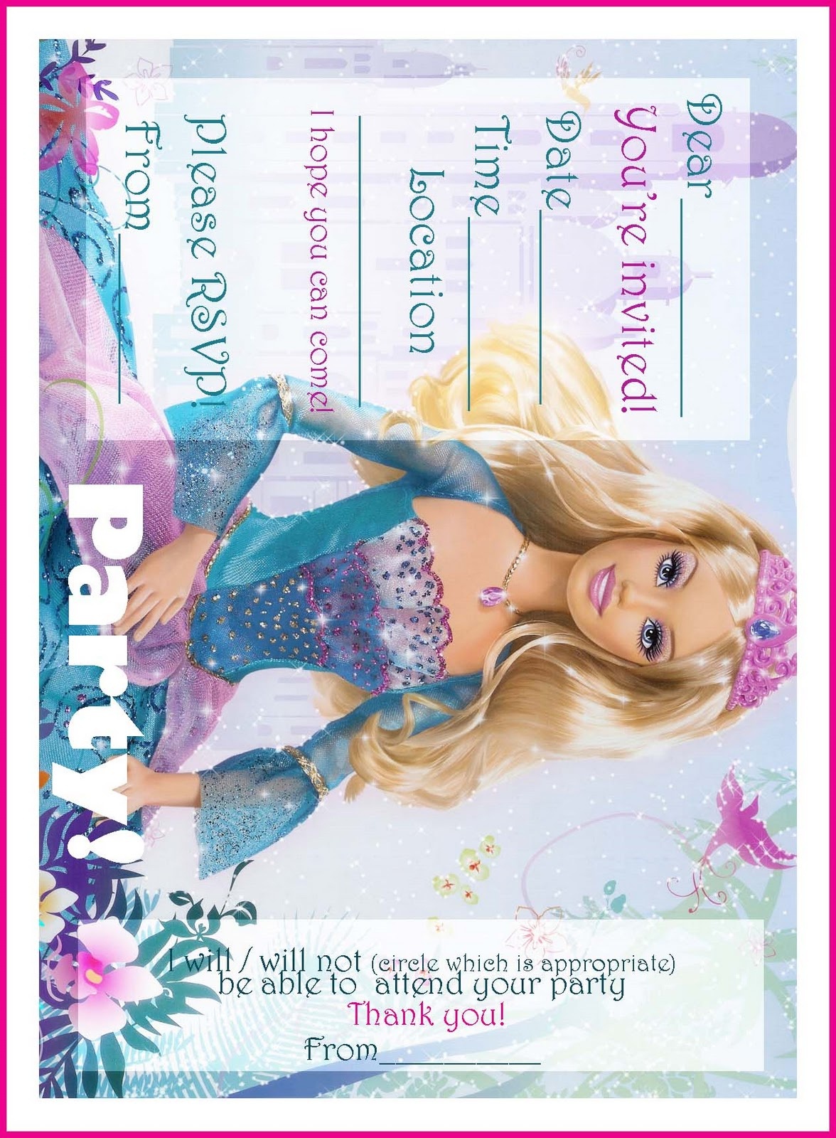 Barbie Coloring Pages: Free Printable Princess Barbie Birthday Party - Free Printable Barbie Birthday Party Invitations